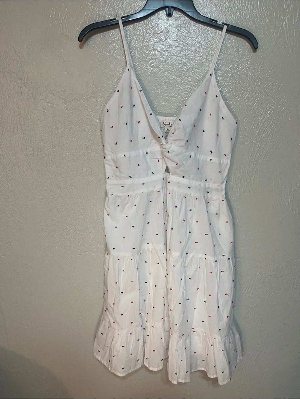 Jessica Simpson White Eyelet Knot-Front Mini Dress with Subtle Dot Print - Picture 3 of 5